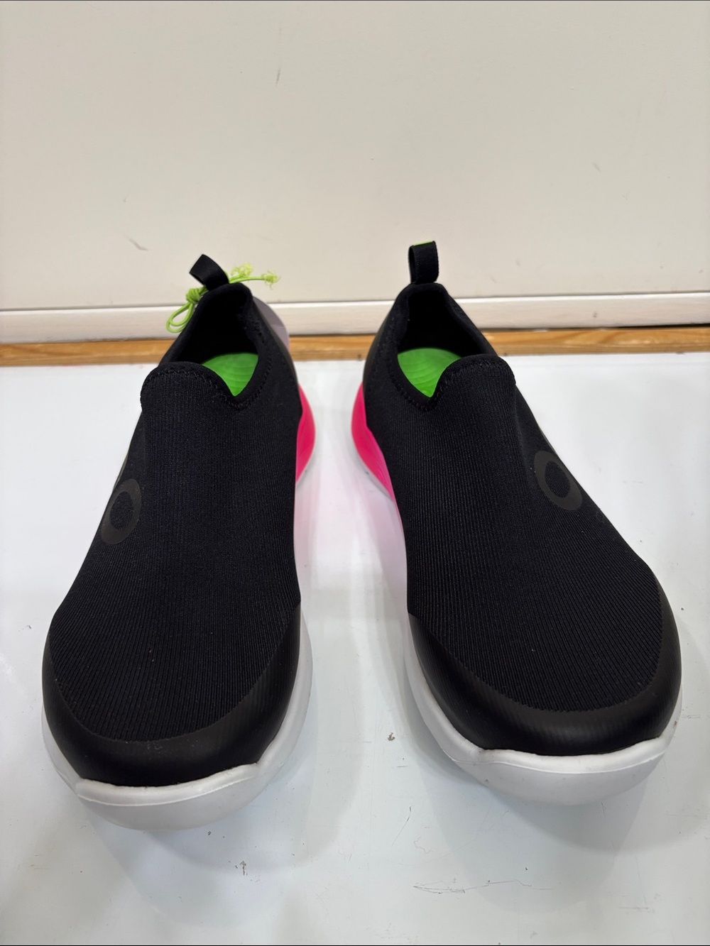 NWT OOFOS Black Slip-On Sneakers with Pink and Lime Accents - Picture 2 of 11